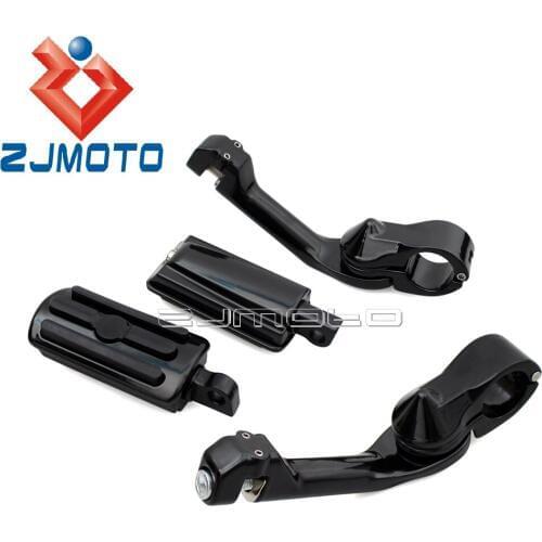 1 Set Black Motorcycle 1-1/4" Highway Engine Guard Long Angled Adjustable Foot Pegs Foot Rests w/ Mount Kit For Harley