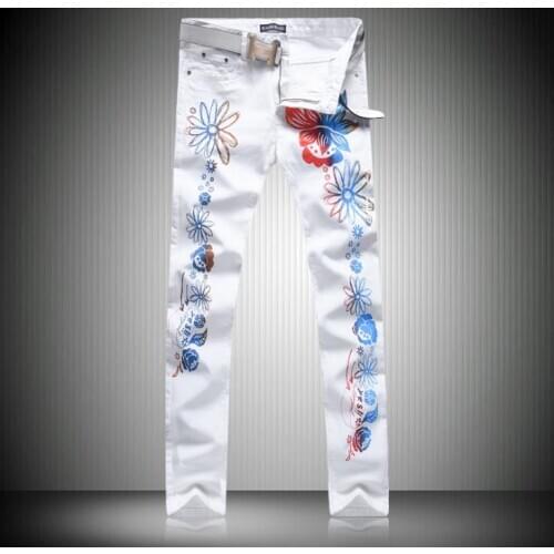Mens European style Casual Flower Print White Jeans Slim Fit Cotton Denim Fashion Nightclub Pants For Men Summer Spring