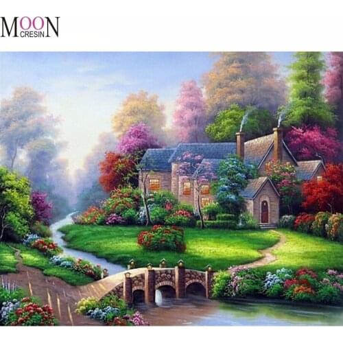 Scenery Diy Diamond Painting Villa In The Park Diamond Mosaic Full Square Round Diamond Drill Embroidery Cross Stitch Rhinestone