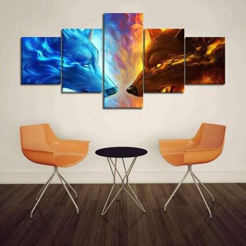 Wall Art Canvas Painting for Living Room Modern Home Decorations Wolves Ice Fire Posters and Prints 5 Piece Pictures Framed