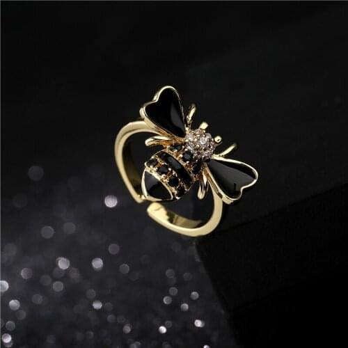 2021 New Fashion Gold Color Copper Insect Series Jewelry Hot Sale AAA CZ Bee Charm Finger Ring Open Design Adjustable