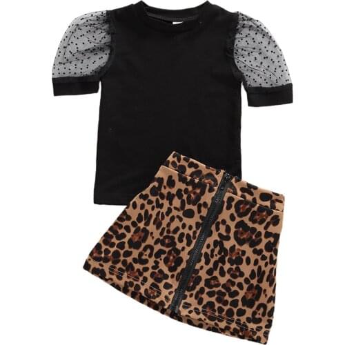 1-6Y Toddler Baby Kids Girl Leopard Clothes Set Summer Outfits Short Puff Sleeve T Shirt + Skirt Children Costumes