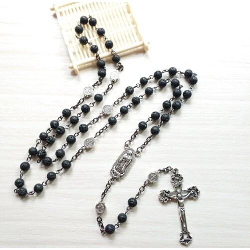 Qigo Catholic Black Rosary Necklace Saint Benedict Long Cross Pendant For Men Women Religious Pray Jewelry