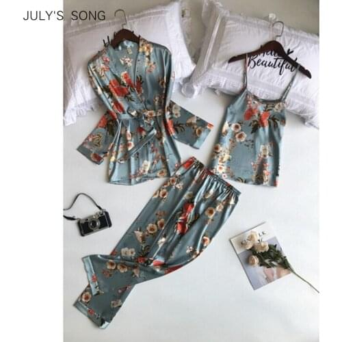 JULYS SONG Woman Spring Pajamas Set Sling 3 Pieces Satin Faux Silk Printing Sleep Lounge Long Pants Woman Sleepwear Pajamas