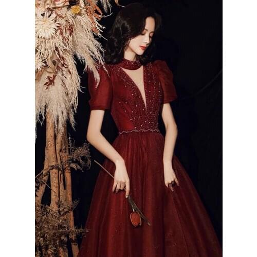 Luxury wine red v neck collar beading fairy court ball gown royal Medieval Renaissance Victorian dress Belle ball