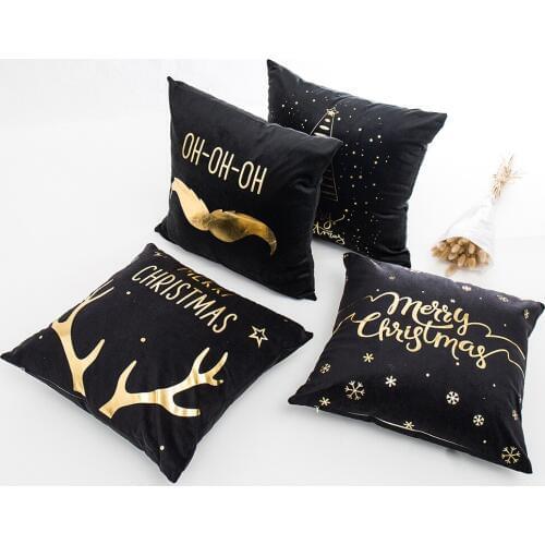 Christmas Decorative Cushion Cover Pillow Cover Soft Golden Black Deer Snowflakes OH-OH-OH Party Decorative For 45x45cm