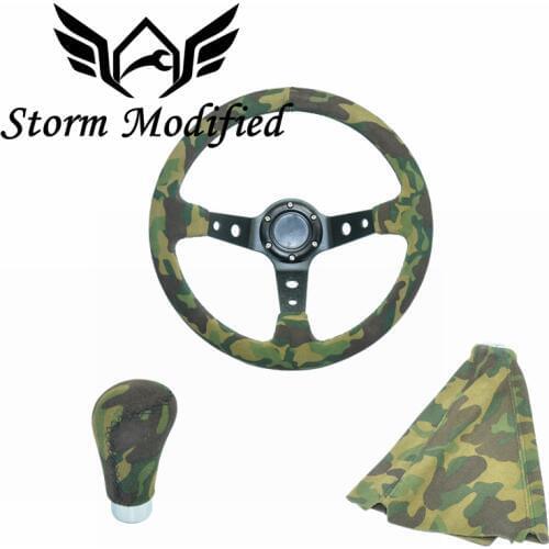 SuTong Camouflage 14inch 350mm Deep Corn Drifting Suede Leather Steering Wheel Universal Car Auto Racing Steering wheels