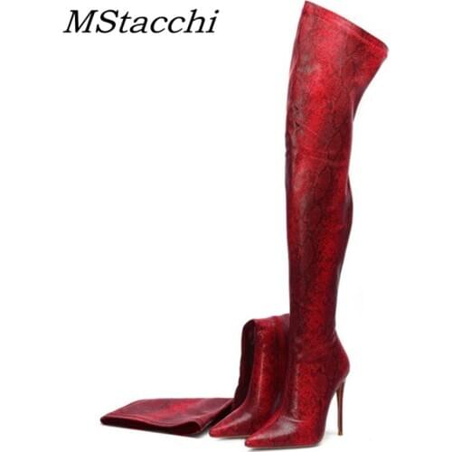 MStacchi Sexy Over The Knee High Boots Women Stretch Leather Snakeskin Pointed Toe Long Booes Woman Winter Zip High Heels Pumps
