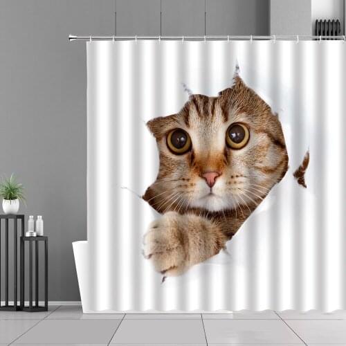 Cute Cat Animal White Kids Shower Curtains Funny Pet Pattern Waterproof Bathroom Curtain Children Room Decor Cloth With Hook