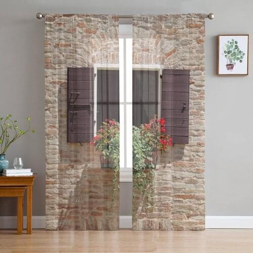 Windows Flowers Wall Wooden Retro Style Chiffon Sheer Curtains for Living Room Bedroom Decoration Window Voiles Tulle Curtain