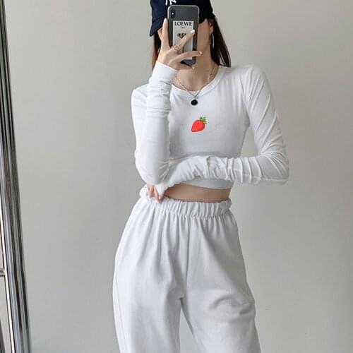 Harajuku Strawberry Streetwear TShirt Women Cotton O Neck Long Sleeve Tight T-Shirt Casual Fashion Female Gothic Top Pants Sets