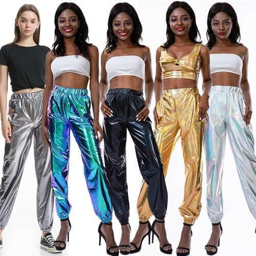 2020 Womens High Waist Pants High Waist Metallic Shiny Casual Holographic Color Vintage Pants Elastic Waist Hip Hop Trousers