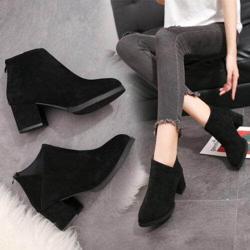 2021 Fashion Women Boots Casual Leather Low High Heels Spring Shoes Woman Pointed Toe Rubber Ankle Boots Black Red Zapatos Mujer