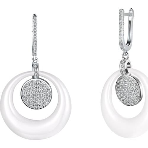 ZEMIOR Romantic Round 925 Sterling Silver Drop Earrings For Women Full Cubic Zirconia Hanging White Ceramic Earring Jewelry