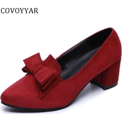 COVOYYAR 2019 Thick High Heel Women Shoes Bow Slip on Pumps Flock Solid Elegant Pointed Toe Lady Shoes Plus Size 34-41 WHH139