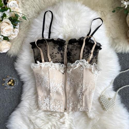 Lady New Fashion Retro Wooden Ear Lace Embroidered Vest Zipper Sexy Wrapped Chest Underwear Bustier Crop Tops