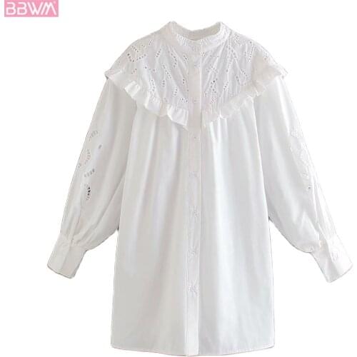 Fashion Ruffled Long-sleeved Women Dress Vintage Hollow Embroidery Solid Color Single-breasted Button Chic Female Dress Vestidos