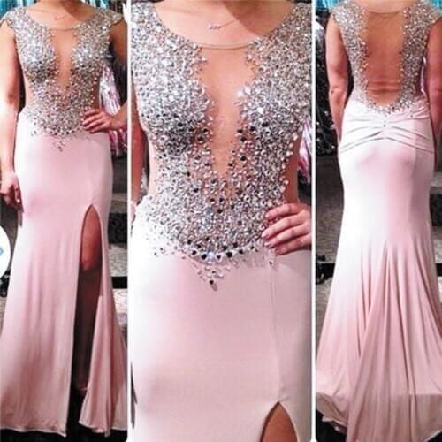 SuperKimJo Vestidos Pink Evening Dresses Long Cap Sleeve Beaded Crystal Sheer Back Mermaid Evening Gown Robe De Soiree