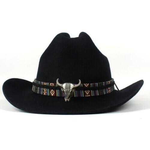 100% Wool Women Men Wool Western Cowboy Hat Gentleman Dad Black Fedora Outback Sombrero Hombre Montana Hat 57-59CM Fashion Belt