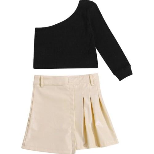 Fashion Toddler Kids Baby Girl One Shoulder Long Sleeve Cotton T-shirt Tops Pleated PU Leather Skirt 2PCS Girls Clothing Set