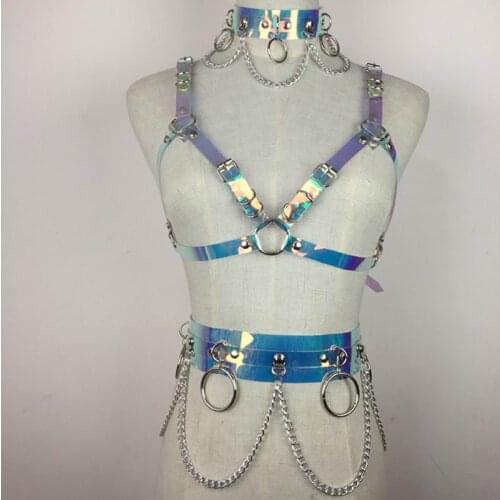 2018 Fashion Handmade Clear Laser holographic Choker harness punk Collar belt Necklace Bra Spikes Chain torques club party