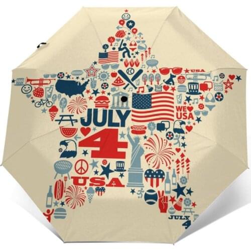 Automatic Umbrella Rain Women Three-folding Umbrella 4th Of July Icons Symbols Collage Windproof Umbrella Waterproof parasol