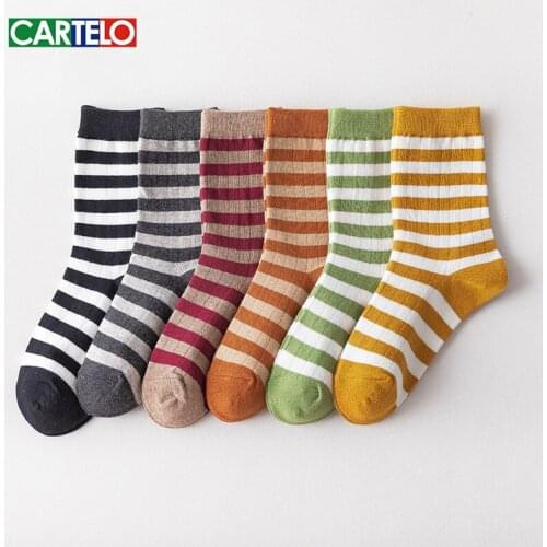 CARTELO New Stripe Stitching Korean Pattern Women Socks Fashion Casual Sport Breathable Cotton Stocking Middle Tube Socks