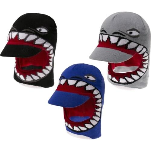 Kids Boys Winter Knitted Balaclava Beanie Hat with Windproof Visor Cartoon Shark Jacqaurd Stretch Hip Hop Skiing Earflap Hood Sc