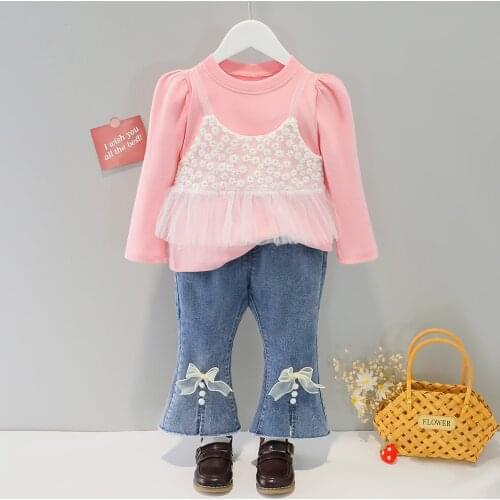 0-4 Year Baby Girls Clothing Set Spring Autumn Long Sleeve Shirt+Lace Sling Dress+Jeans 3Pcs Set Toddler Kids Girls Outfits