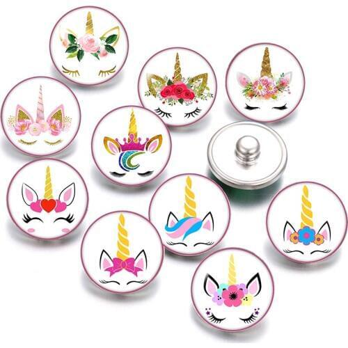 Unicorn beauty 18mm snap buttons 10pcs mixed round photo glass cabochon style for snap button jewelry
