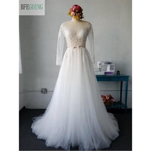Ivory Lace Tulle Long Sleeves Floor-length Backless A-line Wedding dress Chapel Train Custom made