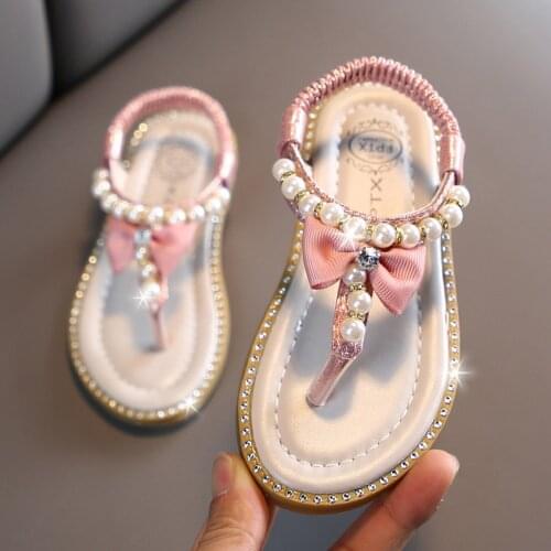 Fashion Toddler Infant Kids Baby Girls Sandals Summer Slip On Bowknot Pearl Crystal Princess Party Flat Roman Single Shoes#g4