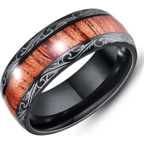 Mens Black Domed Tungsten Carbide Ring Vintage Wood Inlay Comfort Fit Design Wedding Band 8mm Width