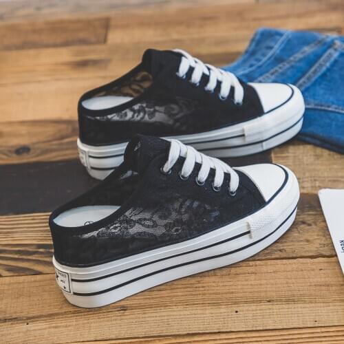 2020 Summer New Lace Breathable Casual Canvas Shoes Womens Pedal Half-back Shoes Womens Increased Sneakers Internal Increasing