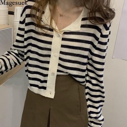 Loose Thin O Neck Short Coat Spring New Korean Knitted Wild Blouse Women College Style Striped Cardigan Thin Tops Female 12896