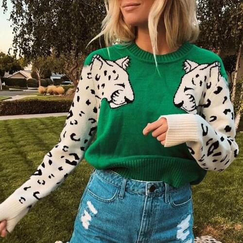 TEELYNN Green leopard pattern pull 2021 long sleeve knit sweater women casual Autumn winter sweaters O-Neck pullover jumperer