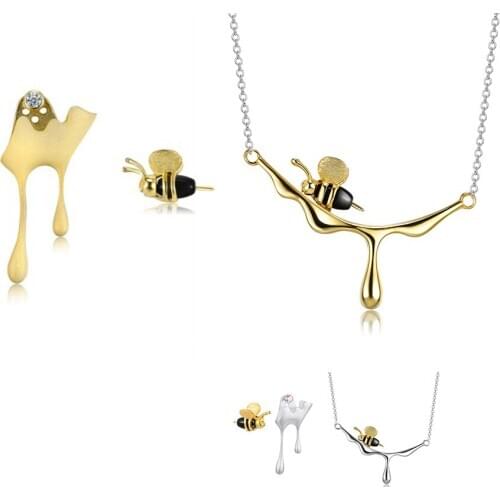 ZEMIOR 925 Sterling Silver Handmade Jewelry For Women Gold Color Bee & Water Drop Honey Necklace Earrings Set Silver 925 Jewelry