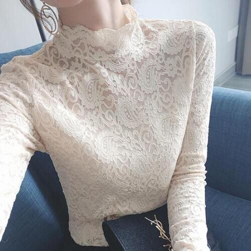 Womens Spring Autumn Style Lace Blouse Shirt Womens Embroidery Printed Turtleneck Patchwork Korean Tops DD8345
