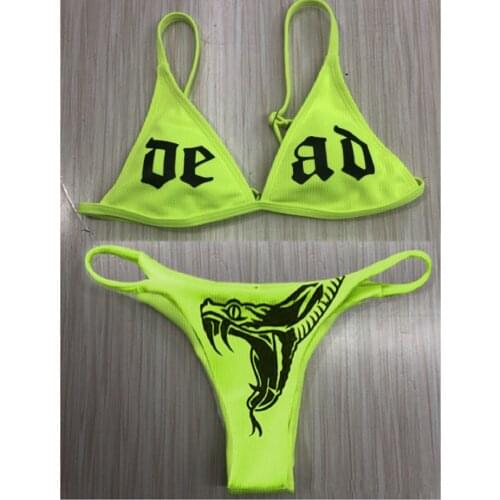 2021 Womens Funny Printed 2Pcs Bikini Suits Deep V-neck Detachable Breast Pad Sling Tops with Triangle Bottoms Swimsuits