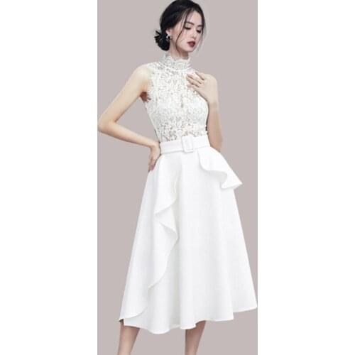 Women Dress 2021 Runway Designer Women Elegant Stand Collar Lace Patchwork High Waist Retro White Ruffles A-Line Dress Vestidos