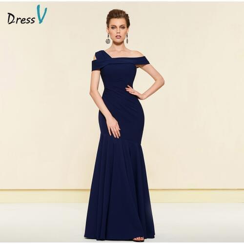 Dressv elegant dark navy mermaid one shoulder mother of bride dress floor length zipper up long mother evening gown custom