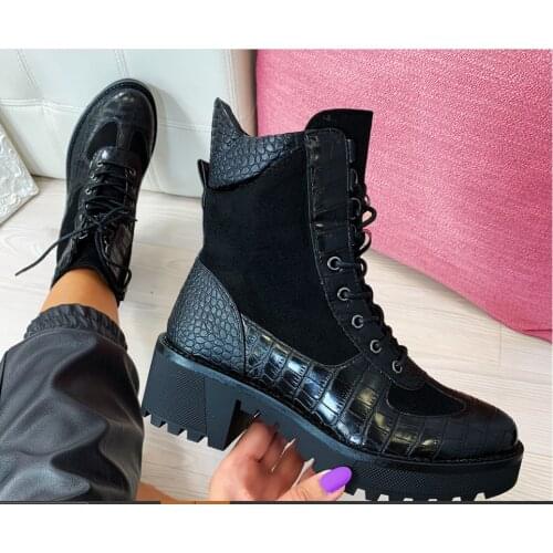 2020 new winter ladies boots high heel snakeskin boots leather lace up ankle boots plus size 35-43