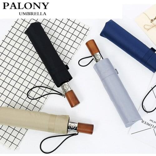 PALONY Solid Wood Handle Automatic Umbrella Three Folding Ten Bone Automatic Umbrella One Key Switch Custom Windproof Umbrella