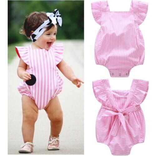 Summer 0-18M Children Pink Princess Bodysuit Baby Girl Clothes Kids Jumpsuit Infant Sleeveless Striped Outfits Newborn Sunsuit