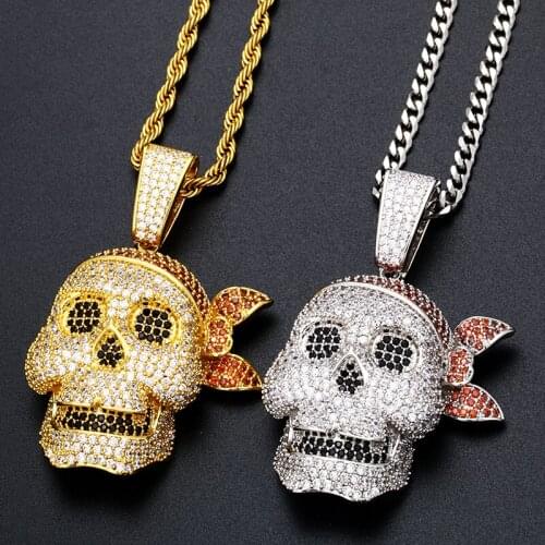 Men Hip Hop Skull Pendant Necklace Personality Chain Gold Color Iced Out Cubic Zirconia Pendant Hip Hop Rock Jewelry
