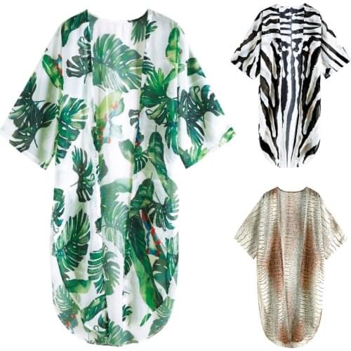 Women Summer Boho Flowy Kimono Cardigan Leaves Zebra Snakeskin 3D Print Bikini Swimsuit Cover Up Open Front Chiffon Beach M6CD