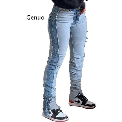Streetwear Patchwork Stacked Skinny Baggy Jeans Xl Indie Aesthetic Vintage Low Rise Slit Denim Pants Straight Leg Jean Trousers