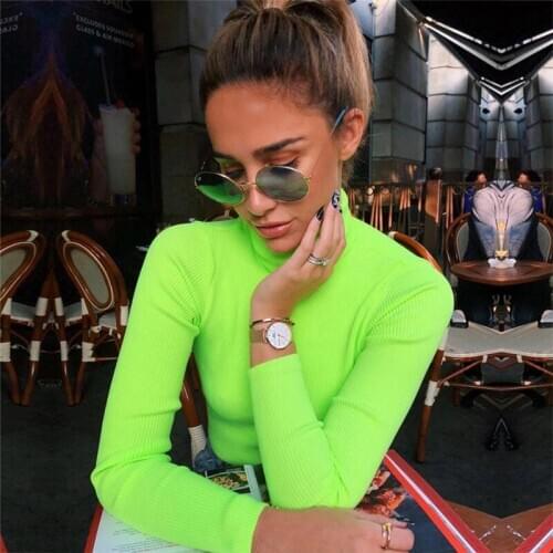 Fluorescent Green Yellow Turtleneck Knitted Sweater Women Autumn Winter Casual Long Sleeve Ribbed Sweater Streetwear Pullovers