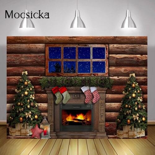 Winter Fireplace Birthday Portrait Backdrop Xmas Window Christmas Tree Family Party Background Decor Sock Retro Rustic Wood Wall