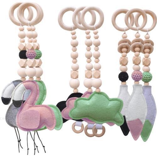 3 Pieces Nordic Wood Bead Garland Toy Kids Room Decor Baby Gym Sensory Ring-pull Toys Play Tent Ornament Flamingo/Cloud/Feather